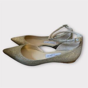 Jimmy Choo Glittery Ankle Strap Flats Sz 37.5 us 7